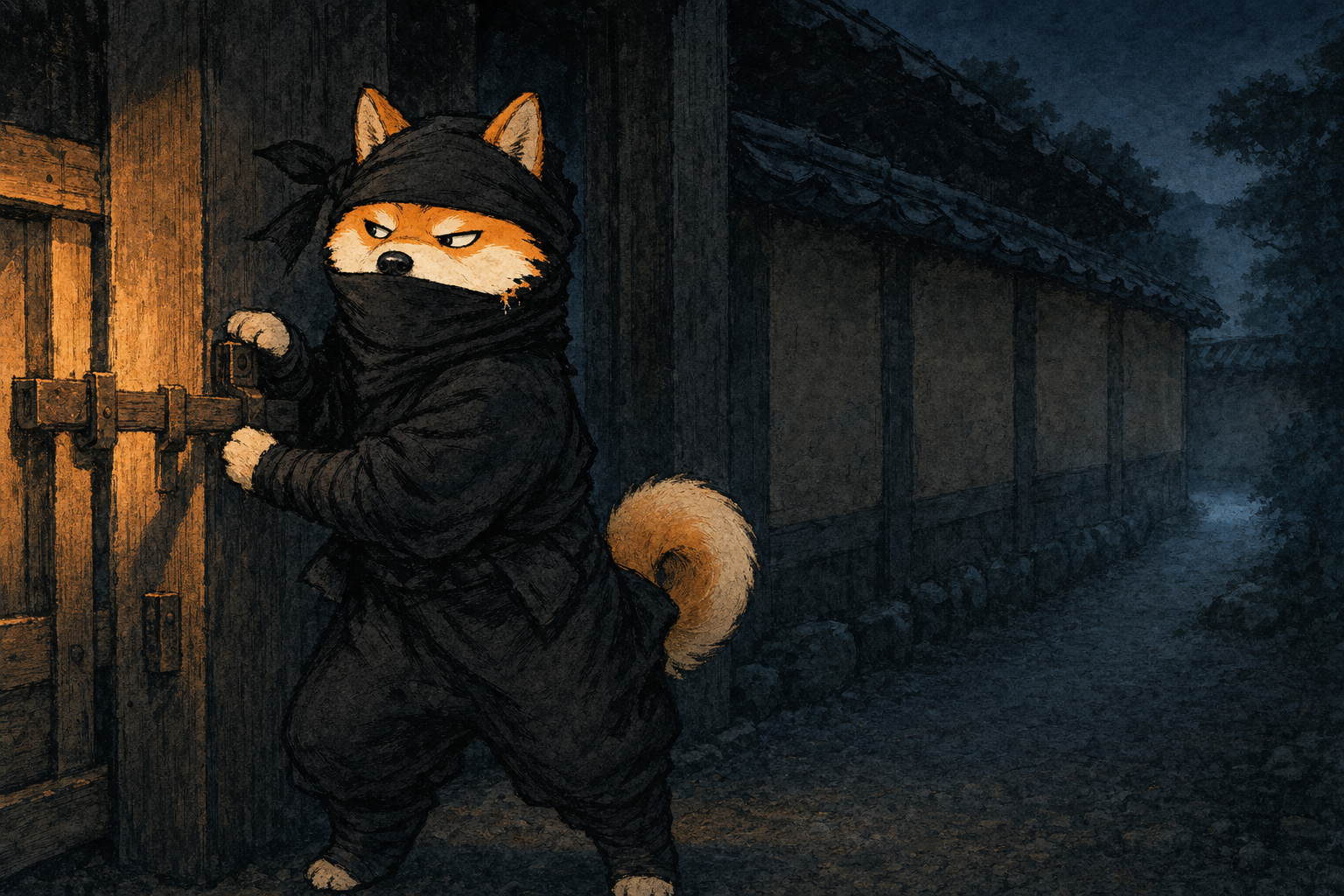 Ninjinu in a black ninja suit checking the latch of a lamplit wooden gate at night
