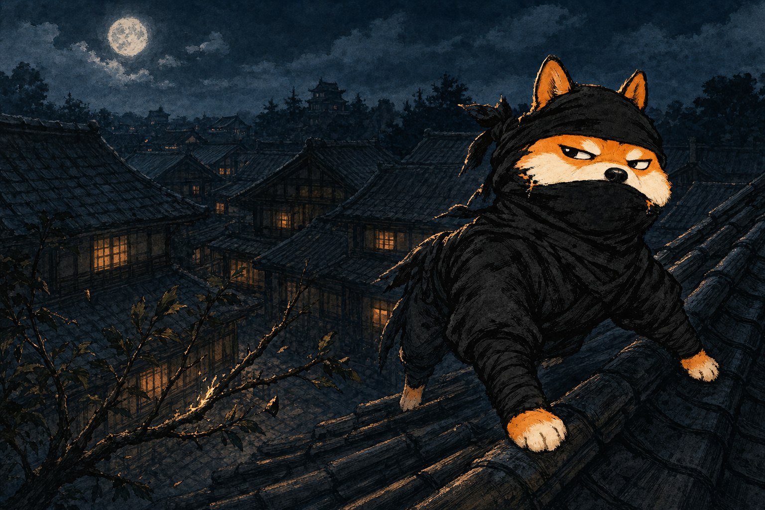 Ninjinu crouched on a tiled rooftop under a full moon above a sleeping village